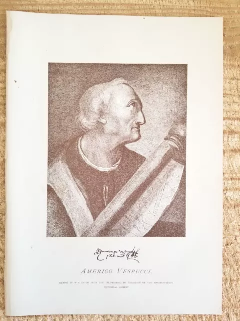 Amerigo Vespucci.vtg 1892 Harper's Etching Print*92