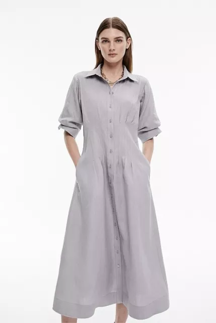 WITCHERY Pale Stone French Linen Dart  Shirt Midi Dress Size 10