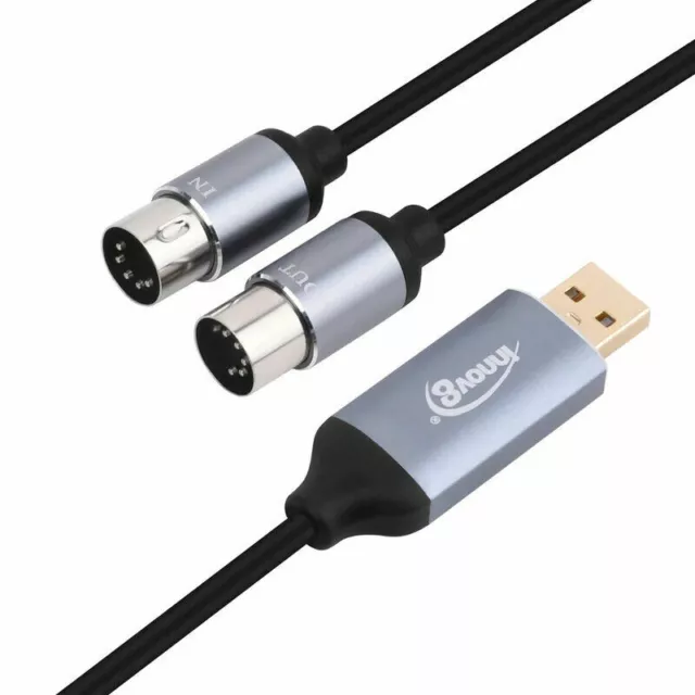 USB-A Male to MIDI In+Out Dual 5 Pin Interface Cable for MIDI Keyboard etc 2M