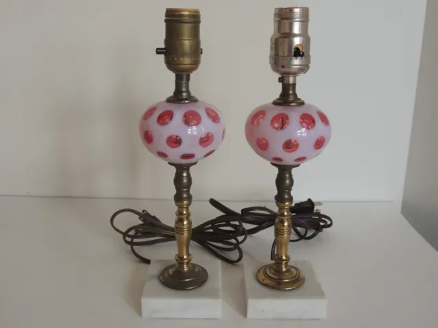 2 Vintage Cranberry & White Coin Dot Opalescent Glass Boudoir Lamps Marble Base