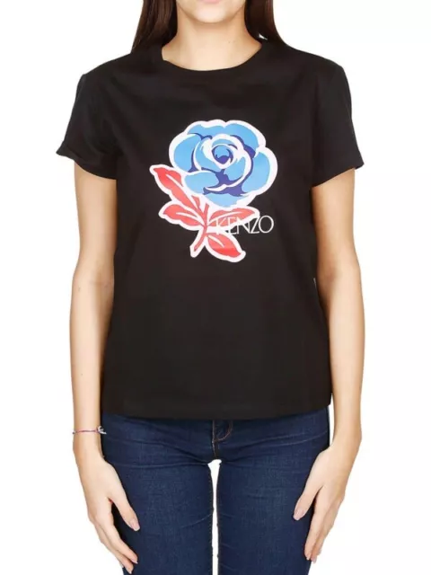 KENZO PARIS Womens Tee T-shirt Black rose Logo Print 100%Cotton🐯Size XS stretch