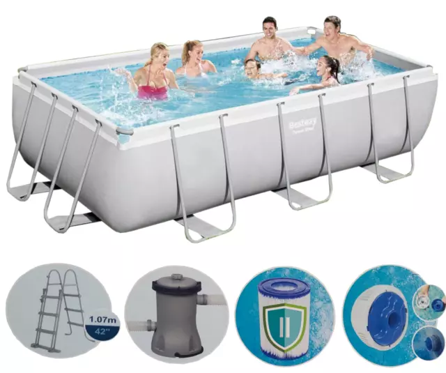 Bestway Power Steel Frame Pool Komplett-Set 56441 404 x 201 x 100 cm grau eckig