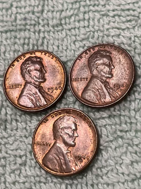 1940 P D S Lincoln Wheat Cent-Penny. Set of 3 Coins Lot,   All Very Nice