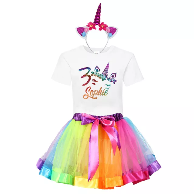 Personalised Unicorn Girls Birthday Outfit Dress Rainbow Tutu Band Party Set #TU