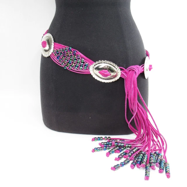 Western Concho Belt Women M L Fuschia Suede Fringe Tie Iridescent Beaded Boho Western Concho Belt Women M L Fuschia Suede Fringe Tie Iridescent Beaded Boho
