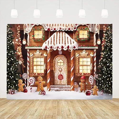 Christmas Winter Gingerbread House Backdrop Merry Xmas Snow Tree Eve 7x5ft
