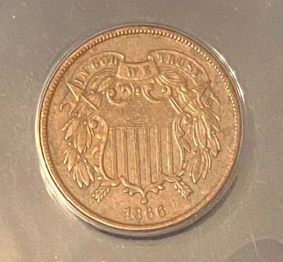 1866 Two Cent Piece 2c ANACS  AU 50 DETAILS/CLEANED  SHIPPING with TRACKING!
