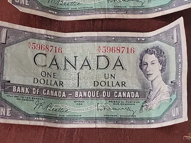 2 Pair 1954 $1 BANK OF CANADA (DEVILS FACE) Note Bill Paper Money Circulated 2