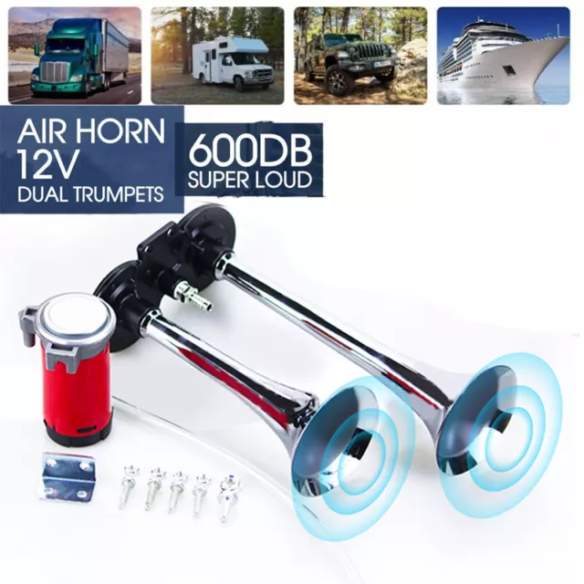 12V Air Horn Compressor 600dB Twin Dual Tone Loud For Car Boat Bus Van Truck UK