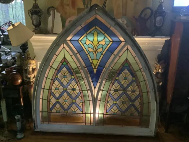 Large Antique Cased Stained Glass Arched Church Window 65” x 65”