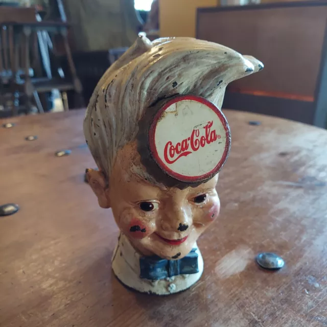 Vintage The Sprite Boy Head COCA COLA Coin/Piggy Bank Cast Iron Coke Collectible