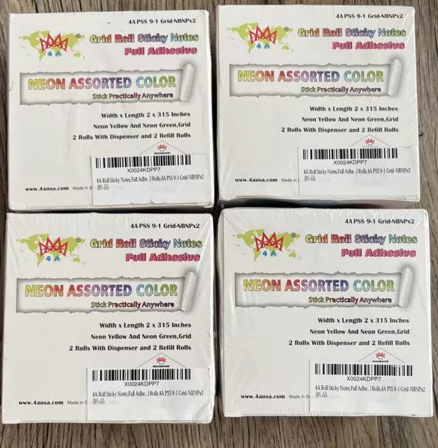 4 Pack Grid Roll Sticky Notes Full Adhesive Neon Assorted Color 2X315 Inch Each