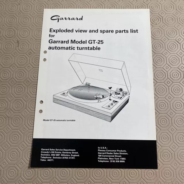 Original Garrard Model GT-25 Automatic Turntable Exploded View/Spare Parts List