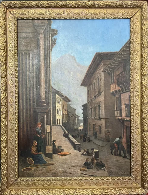 Tableau Peinture Cadre 19èm XIXèm École italienne Rue animée Naples? rare ancien