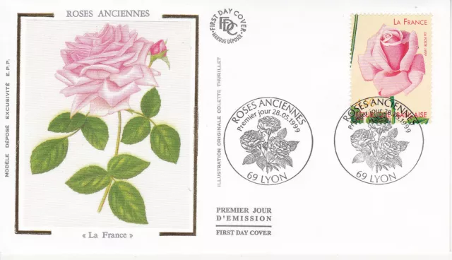 Enveloppe 1er jour FDC Soie 1999 - Roses Anciennes La France