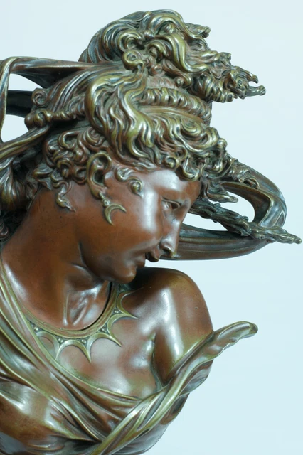 Ancien bronze portrait jeune femme coup de vent VAN DEN KERCKHOVE Saïbas 19ème
