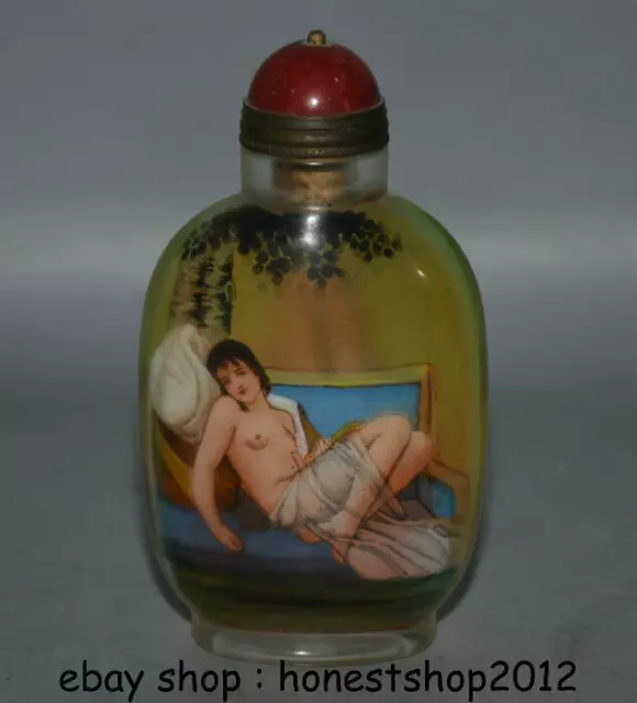 3.8"Old China Glass Inside Painting naked Beauty Woman snuff box snuff bottle A1