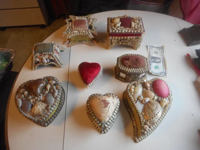 Collection of 8 antique Salilor's Valentine Shell Art Sewing Boxes etc. Hearts