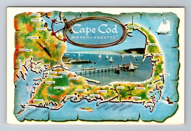 Cape Cod MA-Massachusetts, Aerial Map View, Antique, Vintage Postcard