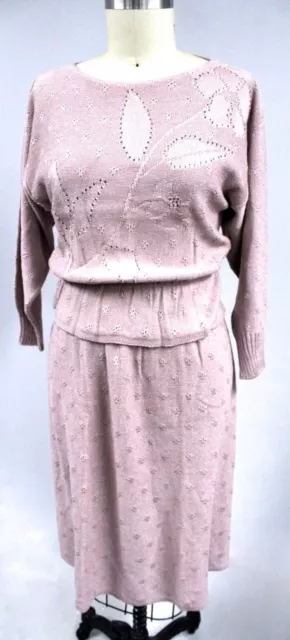 SAVION by Ignacy Feuer VTG 70s Knit Skirt Set Sz 12 Rose Pink Crocheted Peplum