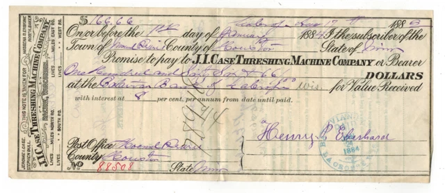 1883 J.I. CASE THRESHING MACHINE CO. Promissory Note