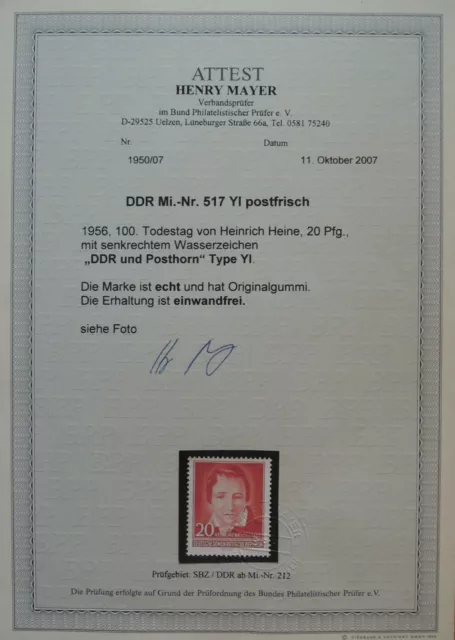 DDR Michel-Nr 517 YI ** postfrisch Attest Mayer BPP