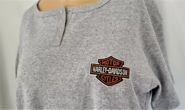 HARLEY DAVIDSON SS Shirt Gray Henley Embroidered Patch Snap Chest42in Womens L