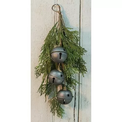 New Primitive Farmhouse Christmas CEDAR PINE GRAY BELL TEARDROP SWAG Wreath