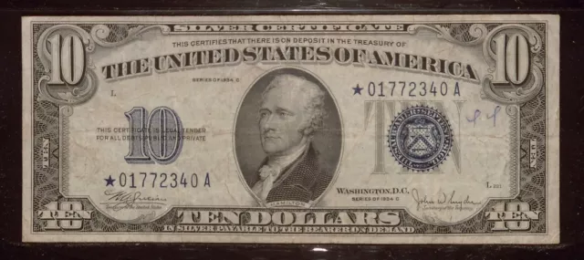1934C $10 Silver Certificate | VF | Blue Seal | Star Replacement Note