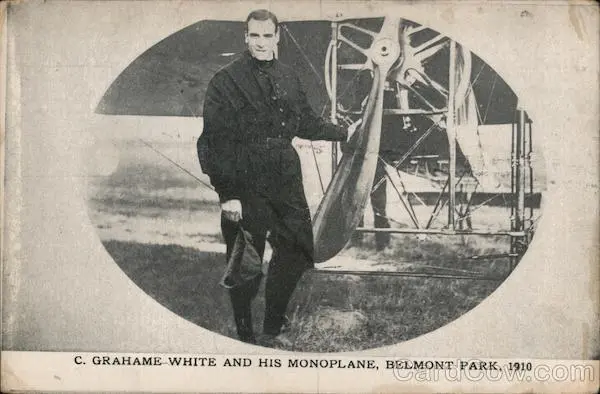 Aviator C. Grahame White and his monoplane,Belmont Park,1910 Postcard Vintage