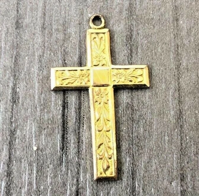 Pendant Faith Cross Flower Engraved  Rolled Gold Medal Vintage Tag