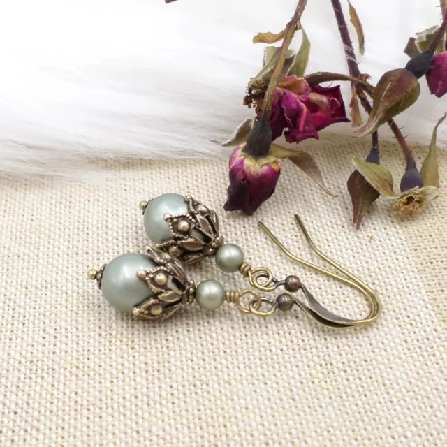 Sage Green Pearl Earrings, Brass Art Deco Earrings, Sage Bridesmaid Jewelry Gift