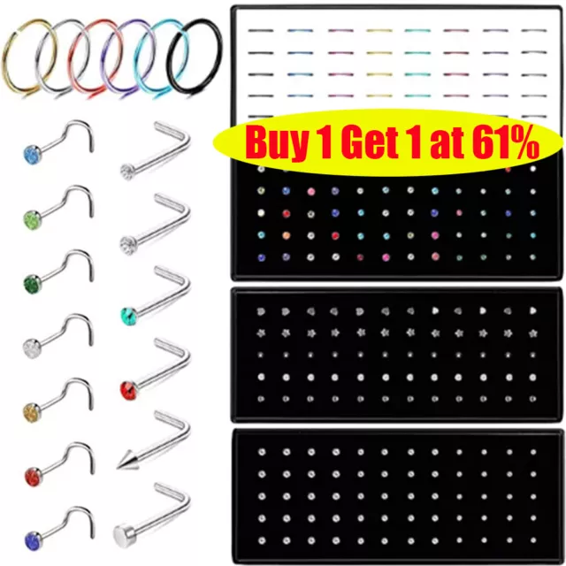 Box Set 40 Surgical Steel Silver Nose Studs Tiny Crystal Clear Ring Gem Piercing