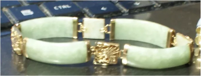 Estate green Jade  Segment Bracelet  14K Gold 7 inch oriental dragon design