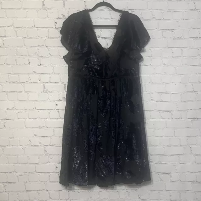 MARCHESA NOTTE V-Neck Velvet Burnout Lace-Trim Flutter Sleeves Dress Size 14