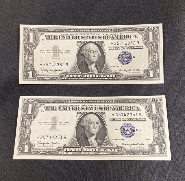 💵 (2) 1957 Series B STAR NOTE BLUE SEAL (Sequential Serial Numbers) 💵 Uncirc…