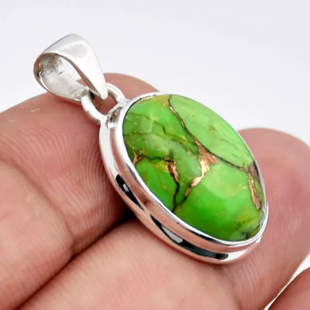 Valentine's Day Green Copper Turquoise Gemstone 925 Sterling Silver Pendant