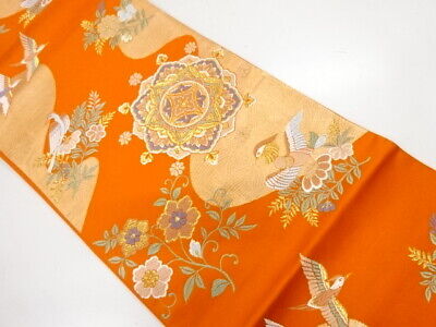 71603# Japanese Kimono / Fukuro Obi / Woven Flower & Birds