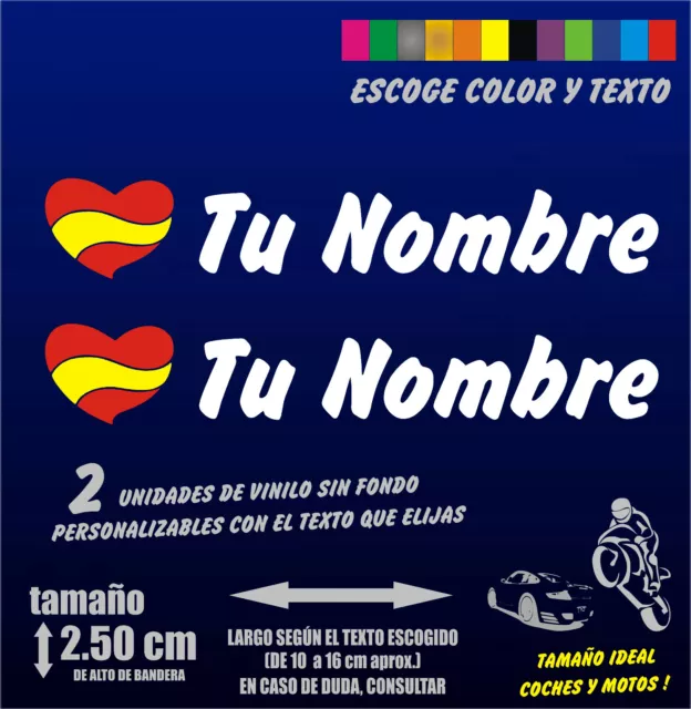 X2 Pegatinas Personalizables -Bandera De España Con Nombre -Moto Y Coche Corazon