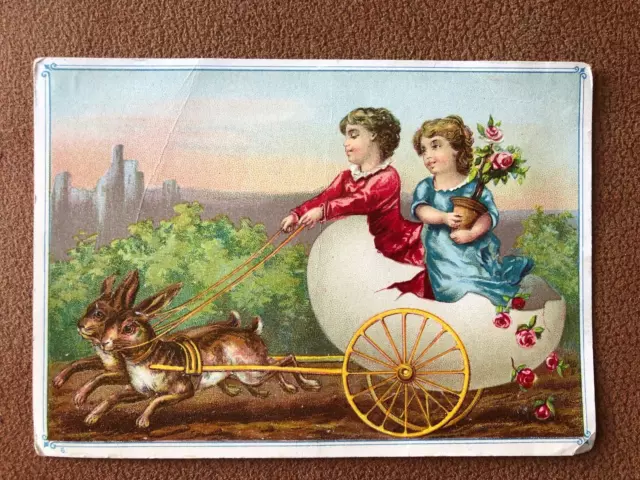 Antique 1800s Victorian Easter Greeting Card Children Riding Egg Chariot Rabbits