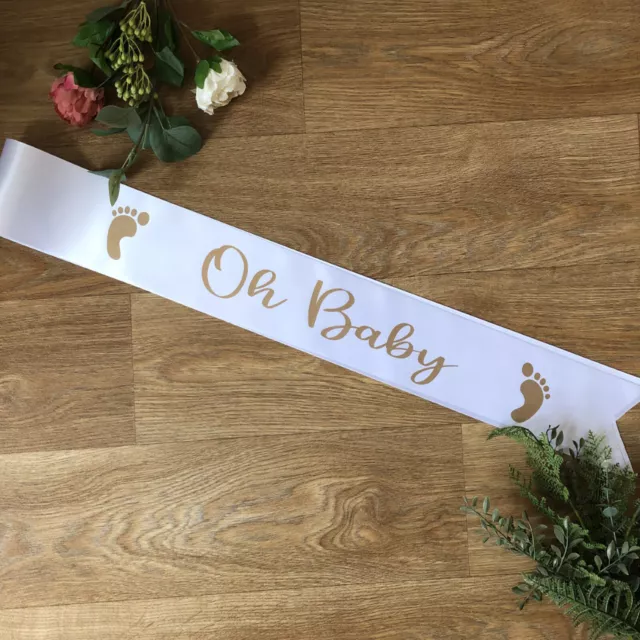 Baby Shower Sash, Oh Baby Sash for Mummy To, Gender Reveal White Sash Gold Text