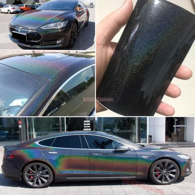 Black Chameleon Car Wrap Holographic Rainbow Mirror Chrome Vinyl PVC Sticker HD