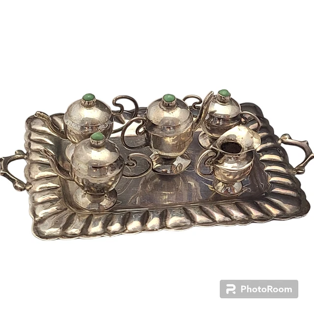 Vintage Antique Mexican Sterling Silver & Turquoise 6 Piece Miniature Tea Set