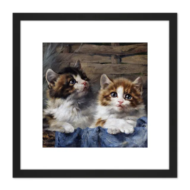 Adam Two Kittens Basket Blue Cloth Cat Painting Square Framed Wall Art 8X8 In
