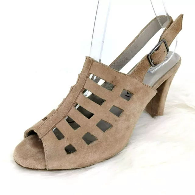 Eric Michael Chili Sandal 38 7.5 Light Tan Suede Cage Cutout Slingback High Heel