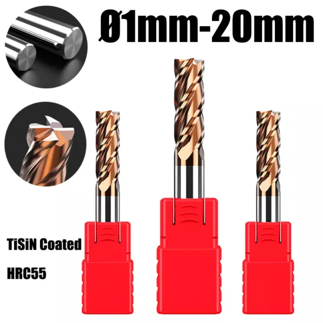 Carbide TiSiN Coated 4 Flute Router Bit HRC55 End Mill CNC Milling Cutter 1-20mm
