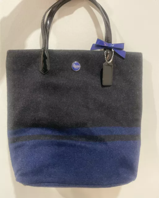 Coach Signature Stripe Wool Ns Tote Bag Blue Charcoal Bow