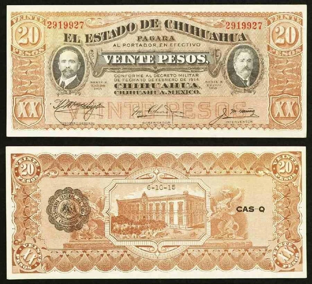 1915 Currency P S537 Series K State Chihuahua Mexico 20 Pesos Banknote Crisp AU+