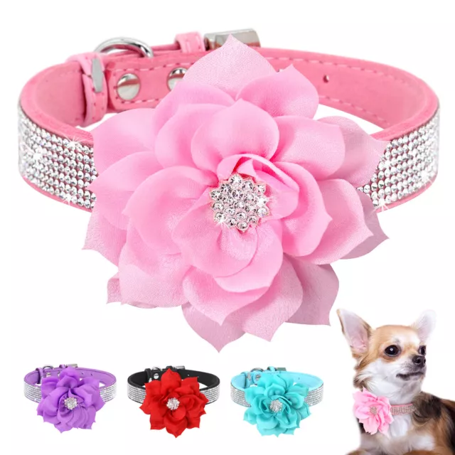 Cute Flower Dog Cat Collars Bling Rhinestone Soft Suede Leather Necklace XS-L