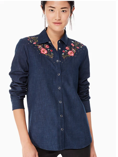 Camicia top da donna Kate Spade ricamata Chambray abbottonata taglia L prezzo speciale £175